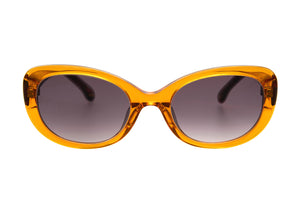 J02V Transparent Orange FRONT with Yellow Orange Brown Red Patterned TEMPLES