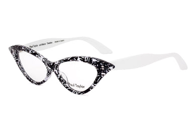 DORIS Optical Glasses J74/W Black, White & Crystal Pattern FRONT with White TEMPLES - Paul Taylor Eyewear