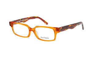 J02V Transparent Orange FRONT with Yellow Orange Brown Red Patterned TEMPLES