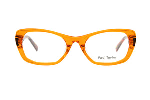 J02V Transparent Orange FRONT with Yellow Orange Brown Red Patterned TEMPLES