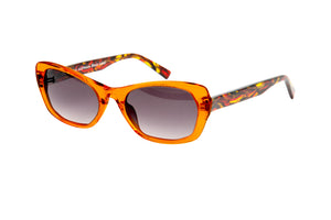 J02V Transparent Orange FRONT with Yellow Orange Brown Red Patterned TEMPLES