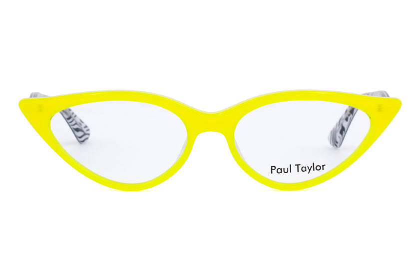  M001 Optical Glasses E62 Canary Yellow FRONT with Black & Black & White Patterned underlay TEMPLES - Paul Taylor Eyewear